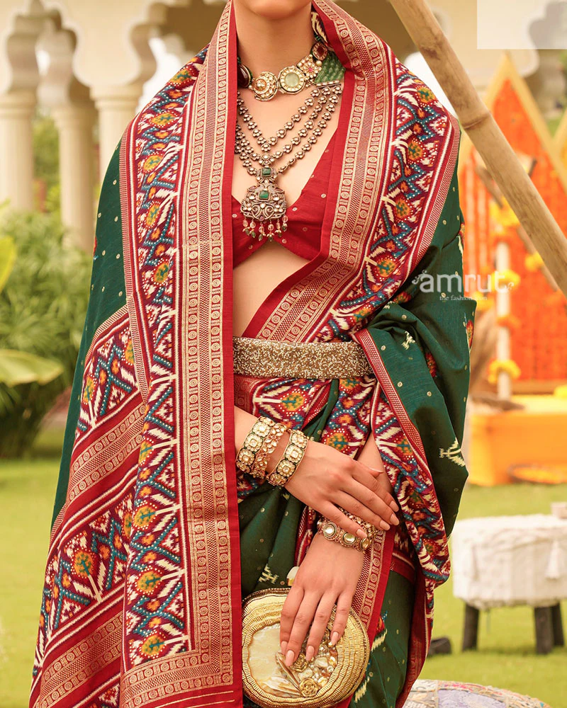 Green and Red Printed Patola Silk Saree with Zari Border and Unstitched Blouse - Image 3