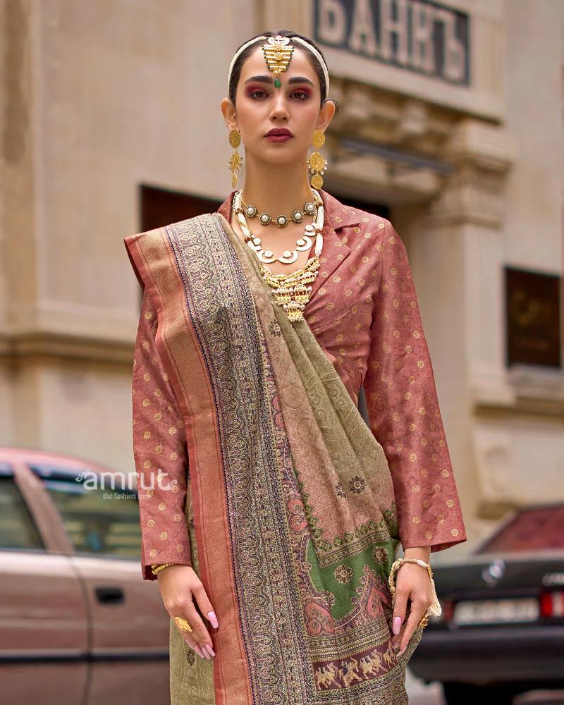 Green and Rust Woven Silk Saree with Multicolor Border and Unstitched Blouse - Image 2