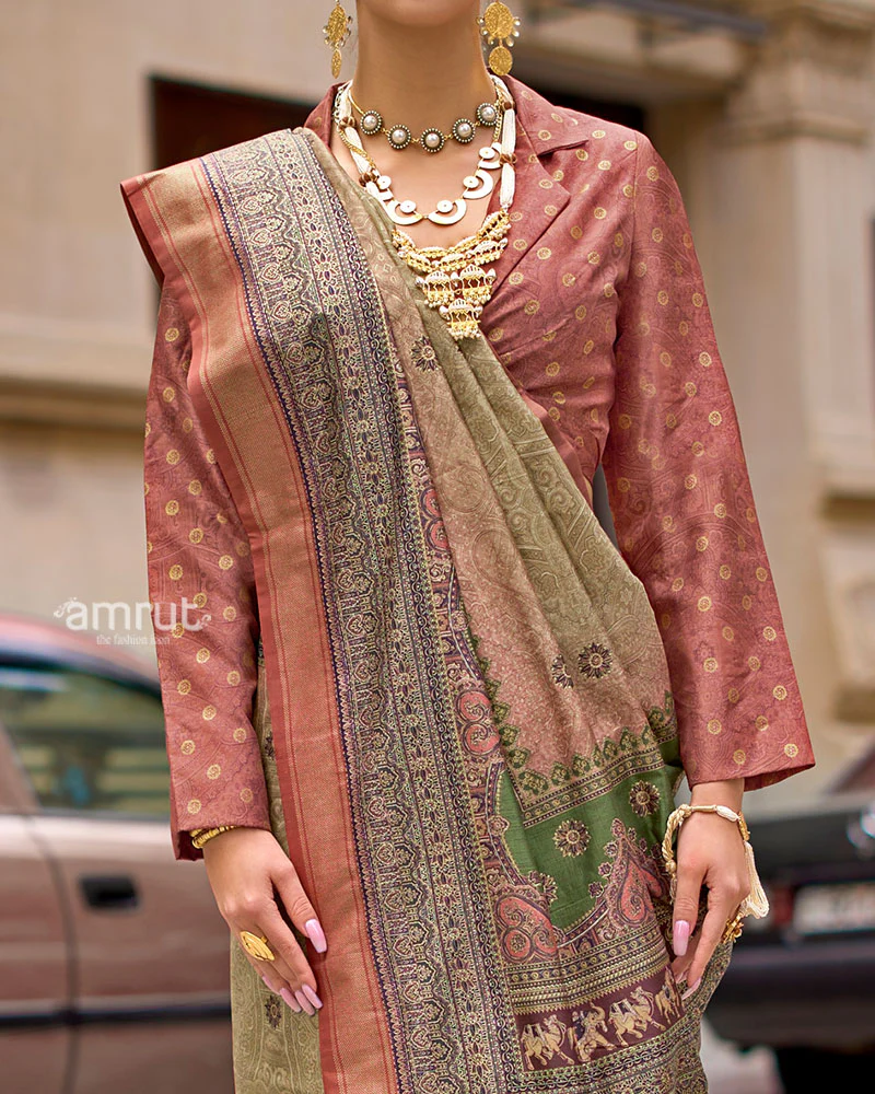 Green and Rust Woven Silk Saree with Multicolor Border and Unstitched Blouse - Image 3