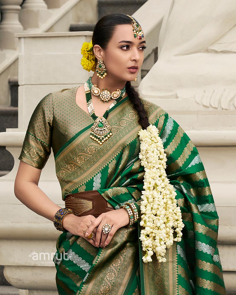 Green Banarasi Silk Saree with Gold Zari Weaving and Unstitched Blouse - Image 2
