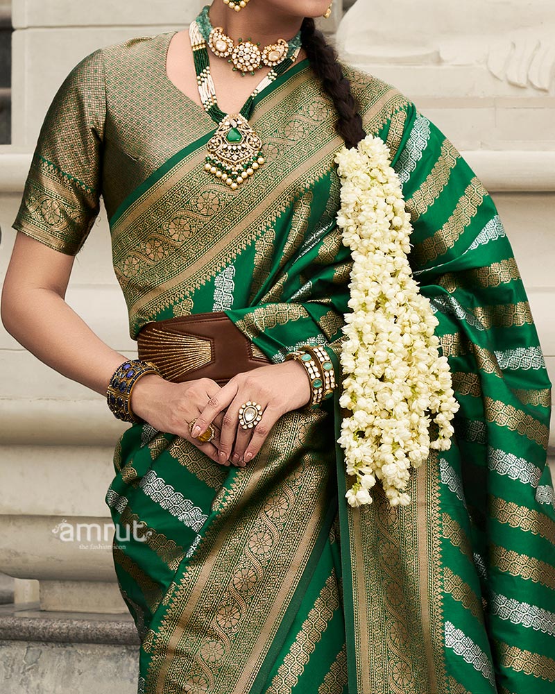 Green Banarasi Silk Saree with Gold Zari Weaving and Unstitched Blouse - Image 3