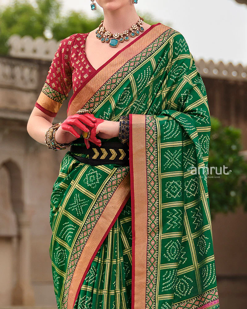 Green Bandhani Printed Silk Saree with Unstitched Blouse - Image 3