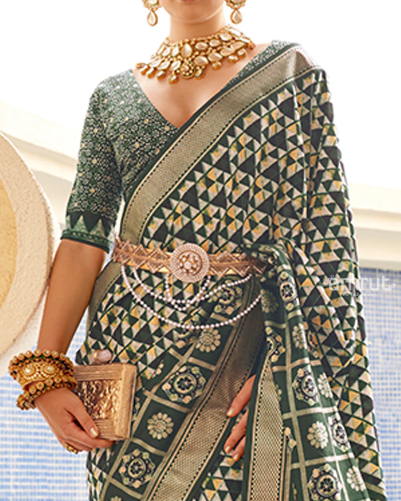 Green & Cream Geometric Printed Embellished Zari Border Silk Saree with Unstitched Blouse - Image 3