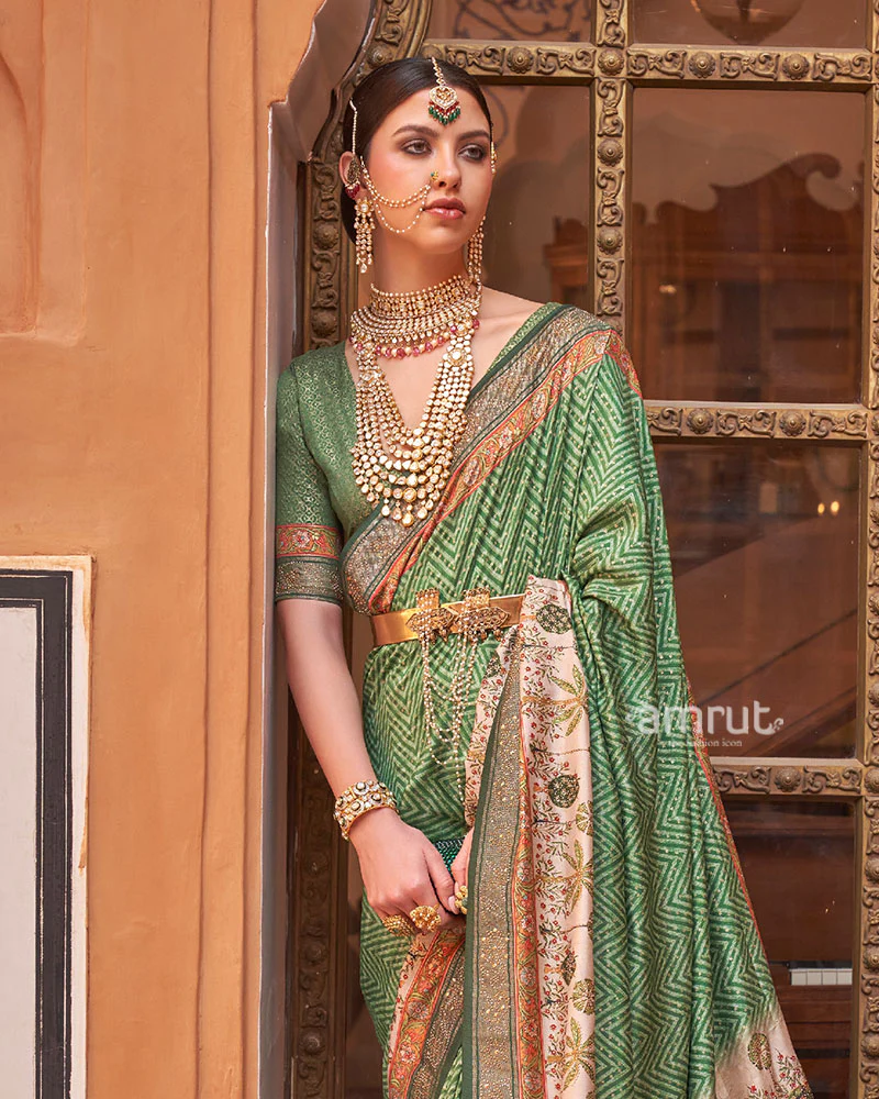 Green Digital Print Embellished Saree with Unstitched Blouse - Image 2