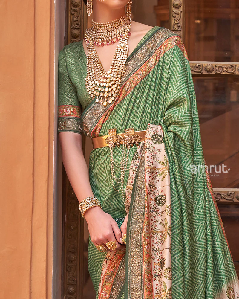 Green Digital Print Embellished Saree with Unstitched Blouse - Image 3