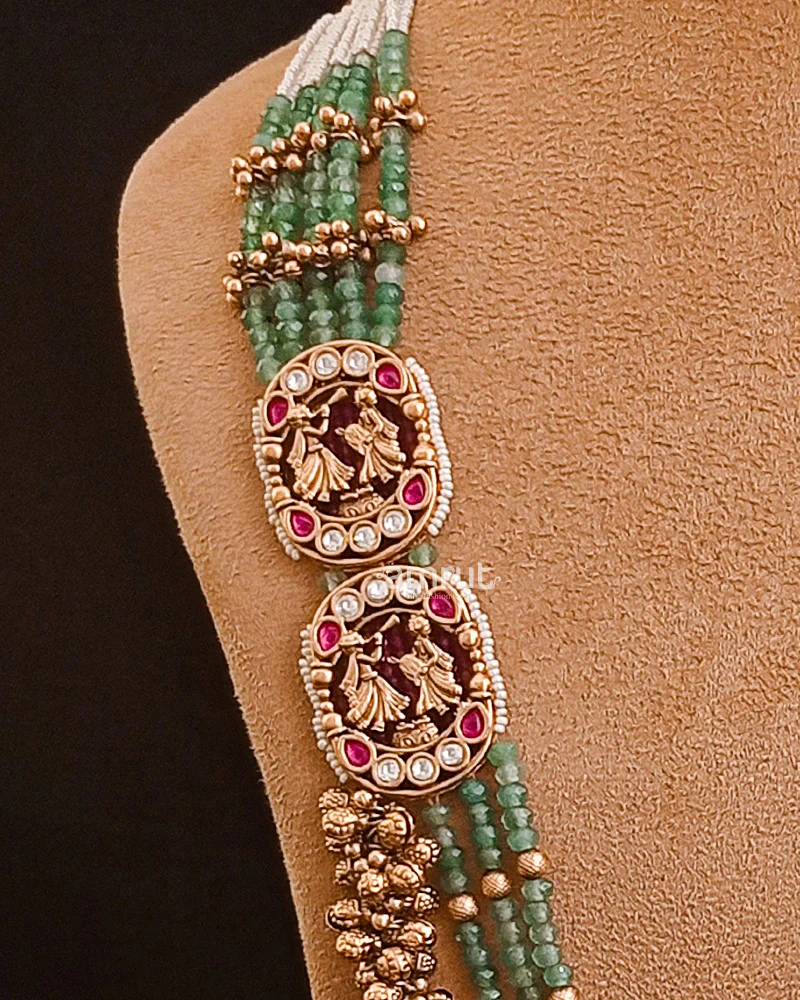 Green Emerald Golden Plated Layered Kundan Necklace Set - Image 2