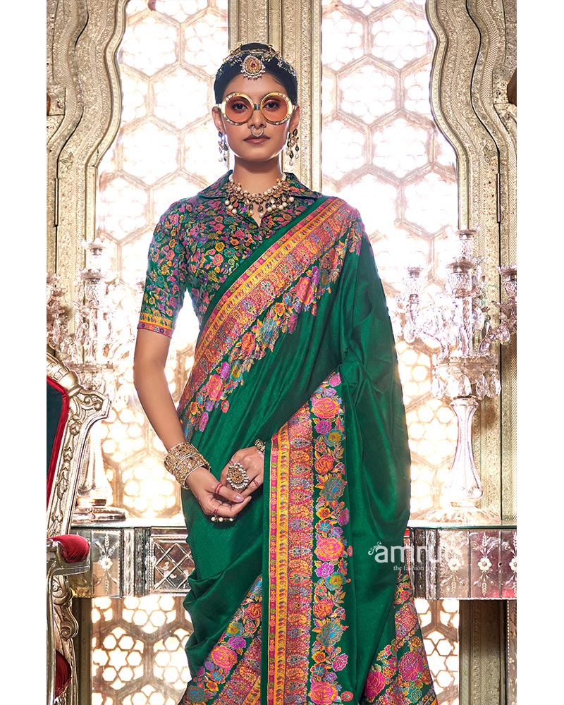Green Floral Print Embroidered Border Embellished Pashmina Silk Saree with Unstitched Blouse - Image 2