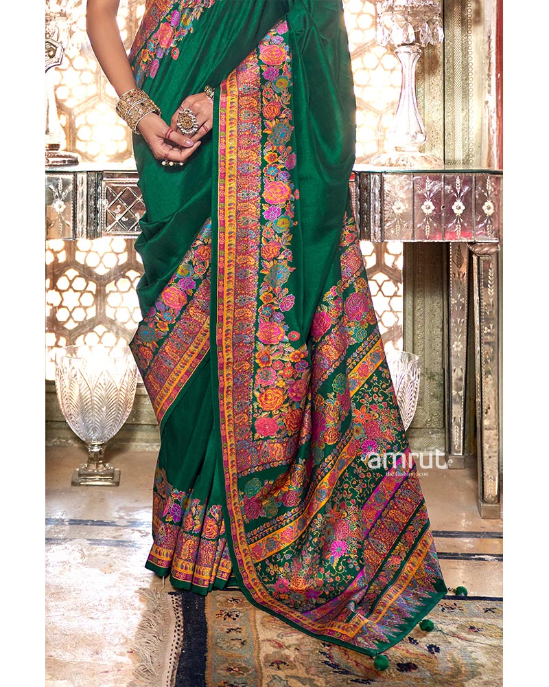 Green Floral Print Embroidered Border Embellished Pashmina Silk Saree with Unstitched Blouse - Image 3