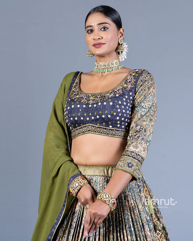 Green Floral Print Lehenga Blue Choli with Dupatta - Image 2