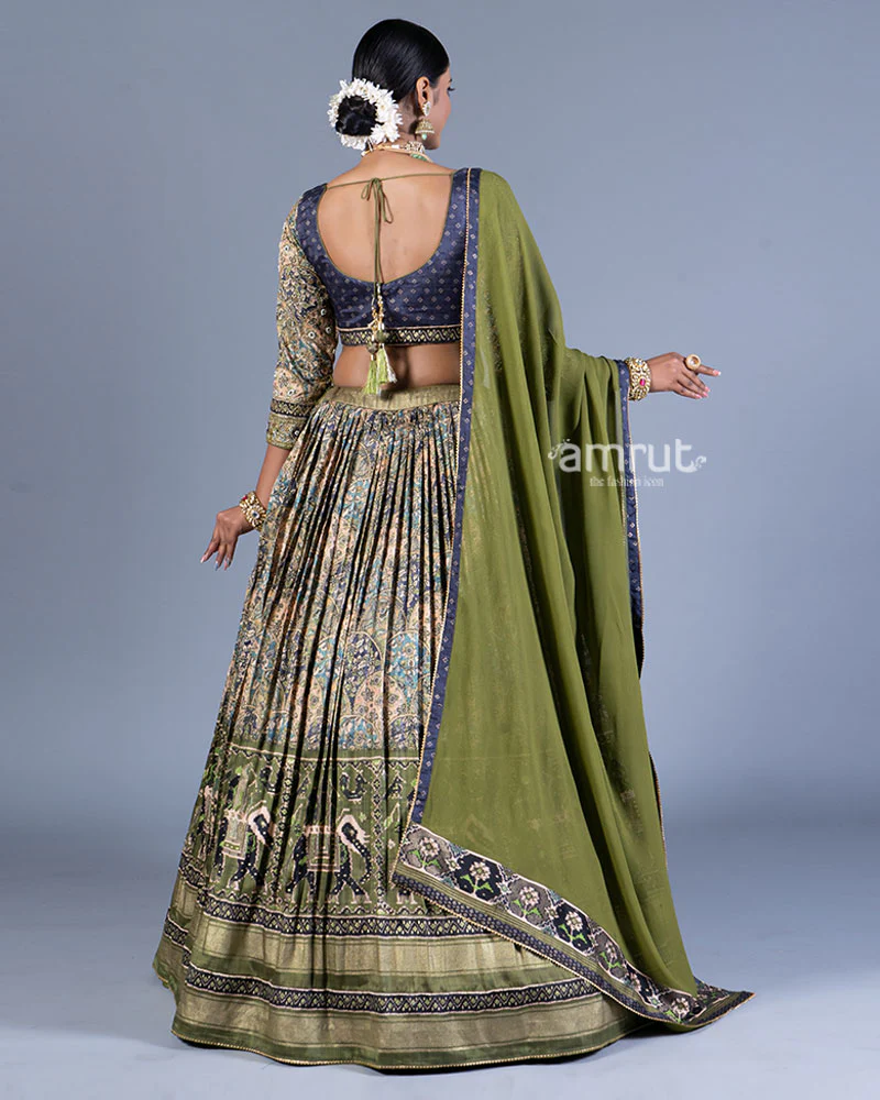 Green Floral Print Lehenga Blue Choli with Dupatta - Image 3