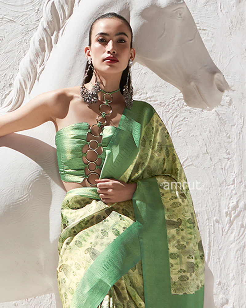 Green Floral-Print Pastel Yellow Silk Saree with Unstitched Blouse - Image 2