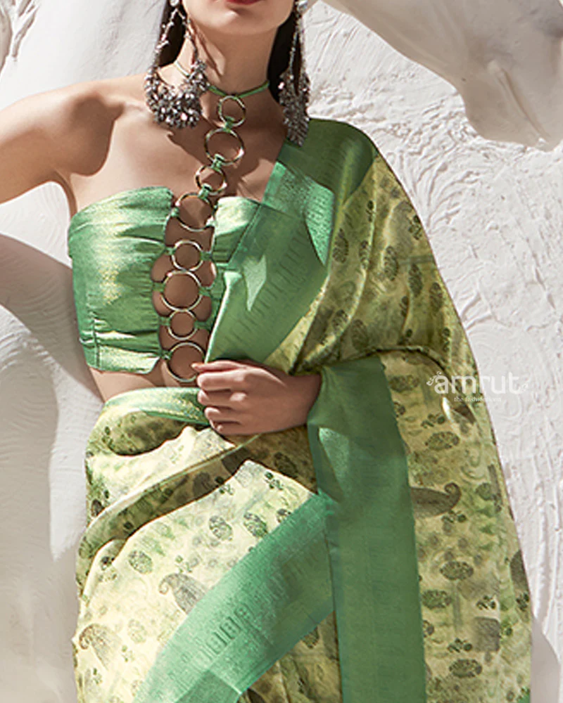 Green Floral-Print Pastel Yellow Silk Saree with Unstitched Blouse - Image 3