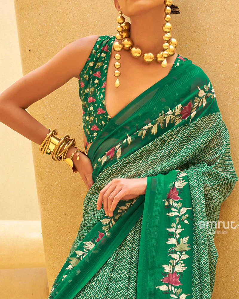 Green Floral Print Saree with Intricate Weaving and Unstitched Blouse - Image 3