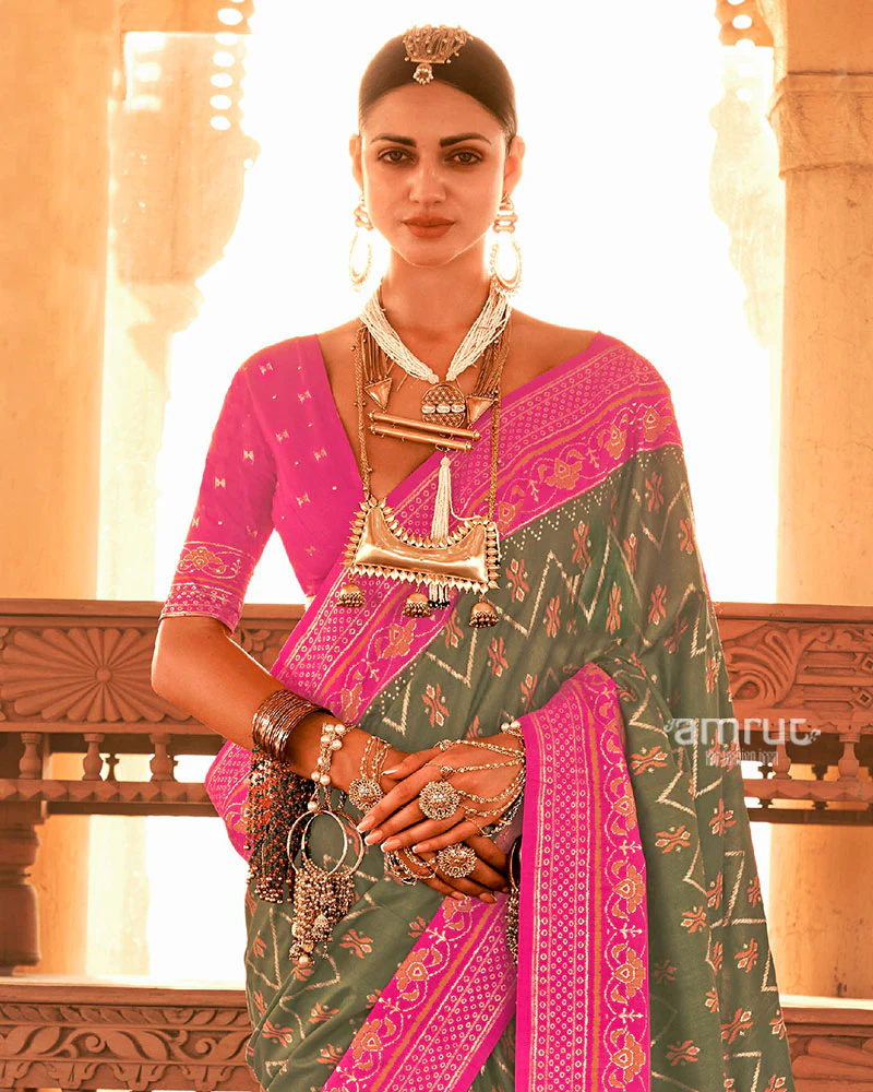 Green Ikat Printed and Pink Contrast Border Patola Silk Saree with Unstitched Blouse - Image 2