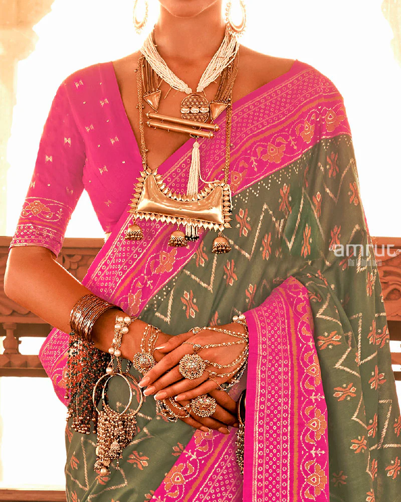 Green Ikat Printed and Pink Contrast Border Patola Silk Saree with Unstitched Blouse - Image 3