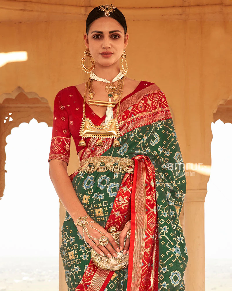 Green Ikat Printed and Red Contrast Border Patola Silk Saree with Unstitched Blouse - Image 2