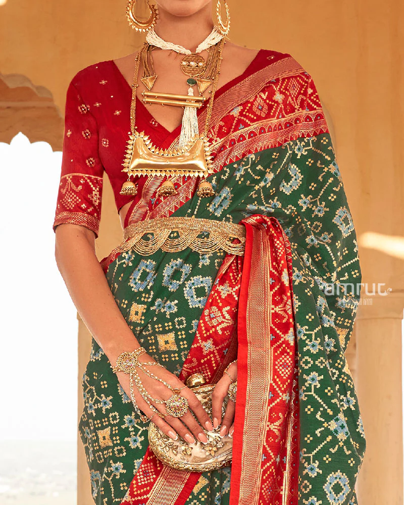 Green Ikat Printed and Red Contrast Border Patola Silk Saree with Unstitched Blouse - Image 3
