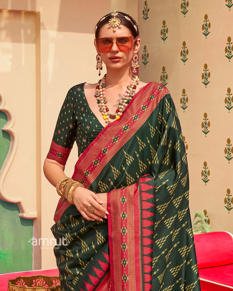 Green Ikat Printed  Saree with Contrast Red Border and Unstitched Blouse - Image 2