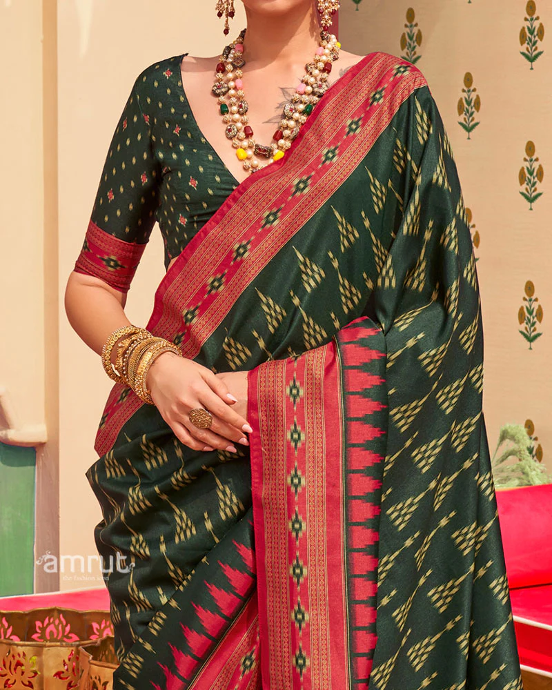 Green Ikat Printed  Saree with Contrast Red Border and Unstitched Blouse - Image 3