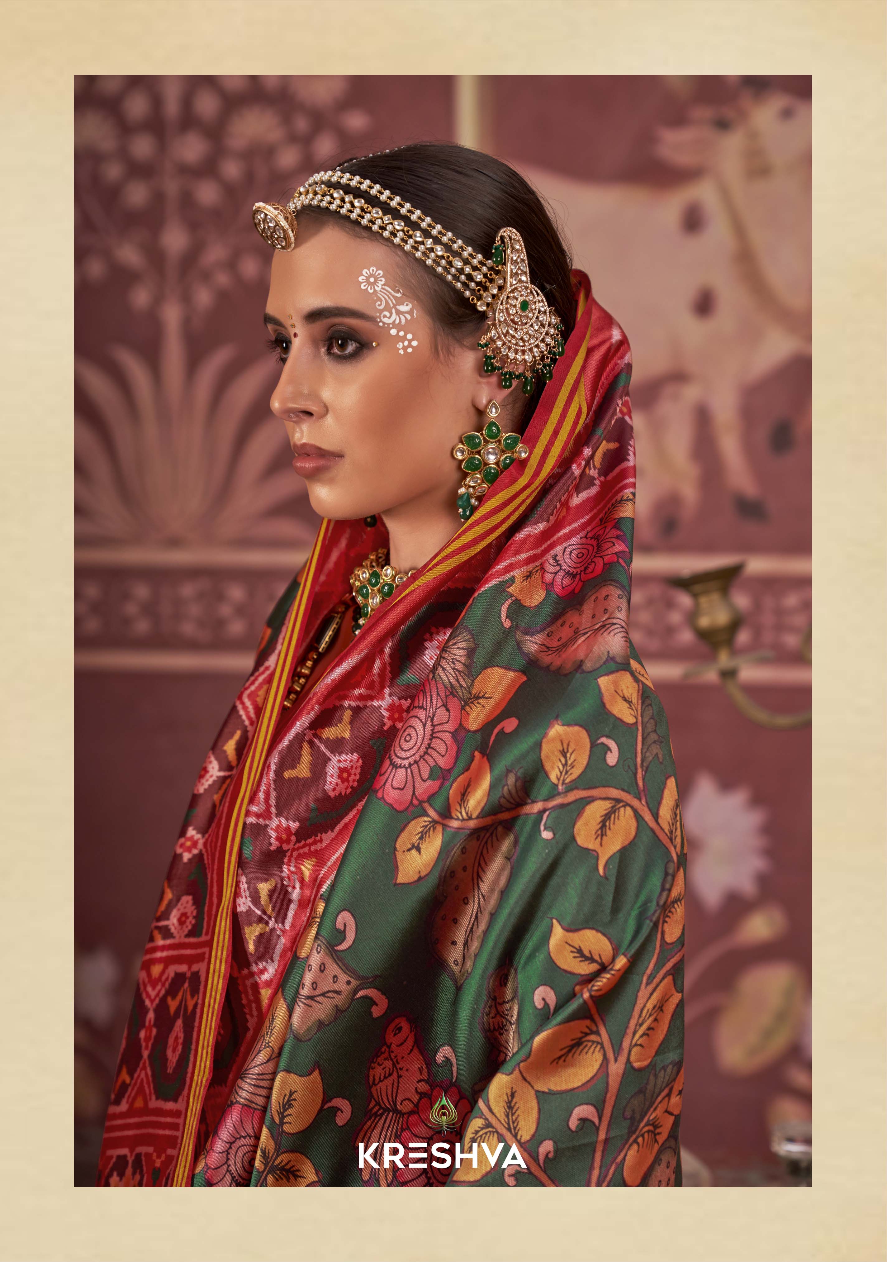 Green & Maroon Patan Patola Silk Saree with Traditional Multicolour Ikat Weave P76 - Image 2
