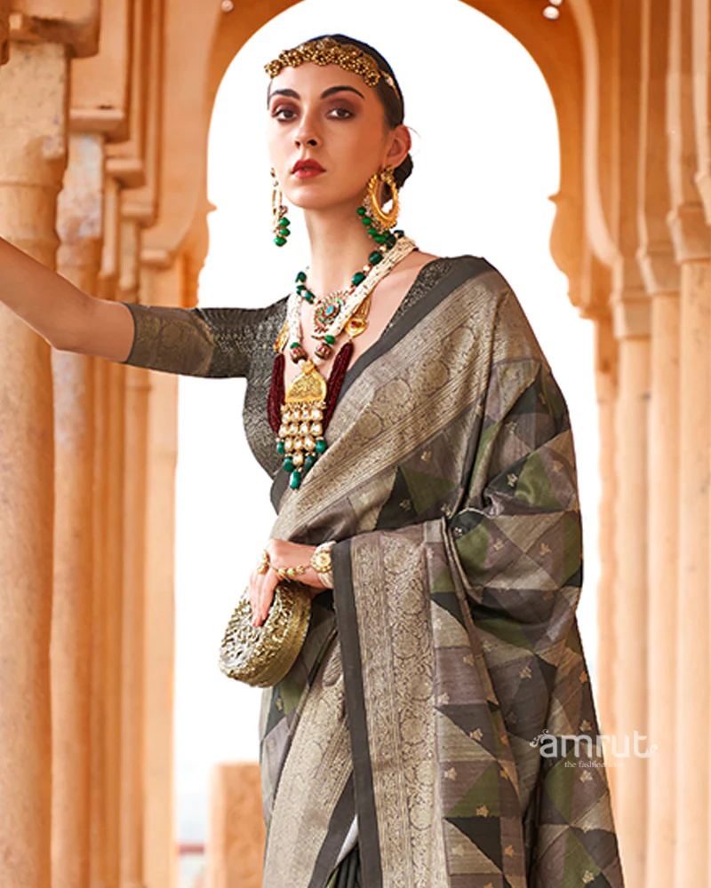 Green Multicolor Zari Embellished Silk Saree with Unstitched Blouse - Image 2