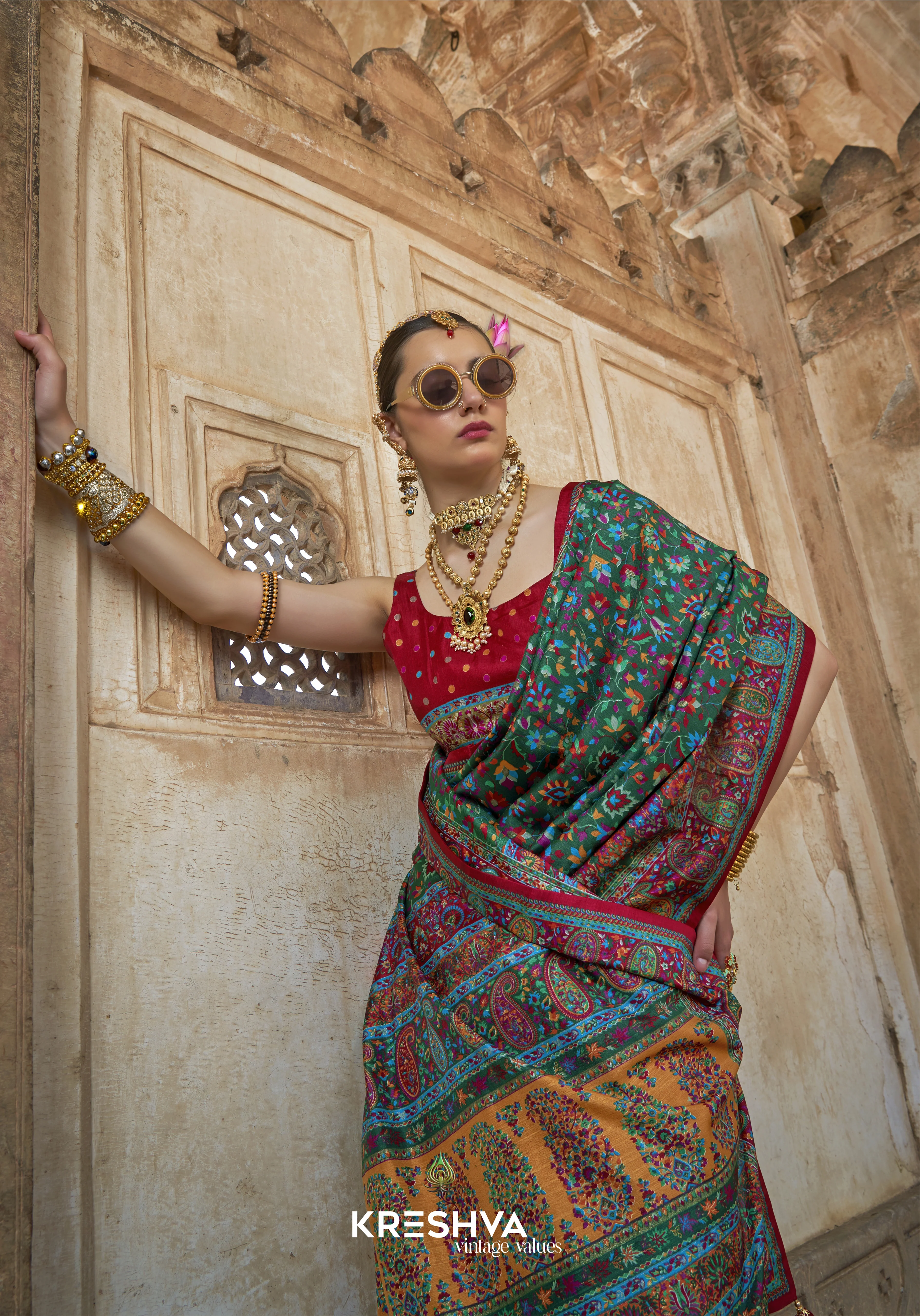 Green Pashmina Prints Inspired Designer Saree with Red Heritage Border - Image 2