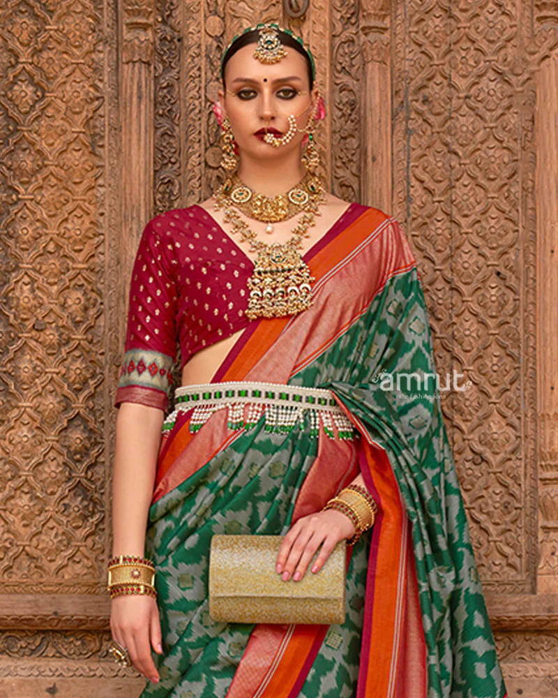 Green Patola Silk Saree with Foil Print & Red-Orange Border with Unstitched Blouse - Image 2