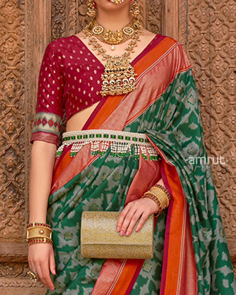 Green Patola Silk Saree with Foil Print & Red-Orange Border with Unstitched Blouse - Image 3