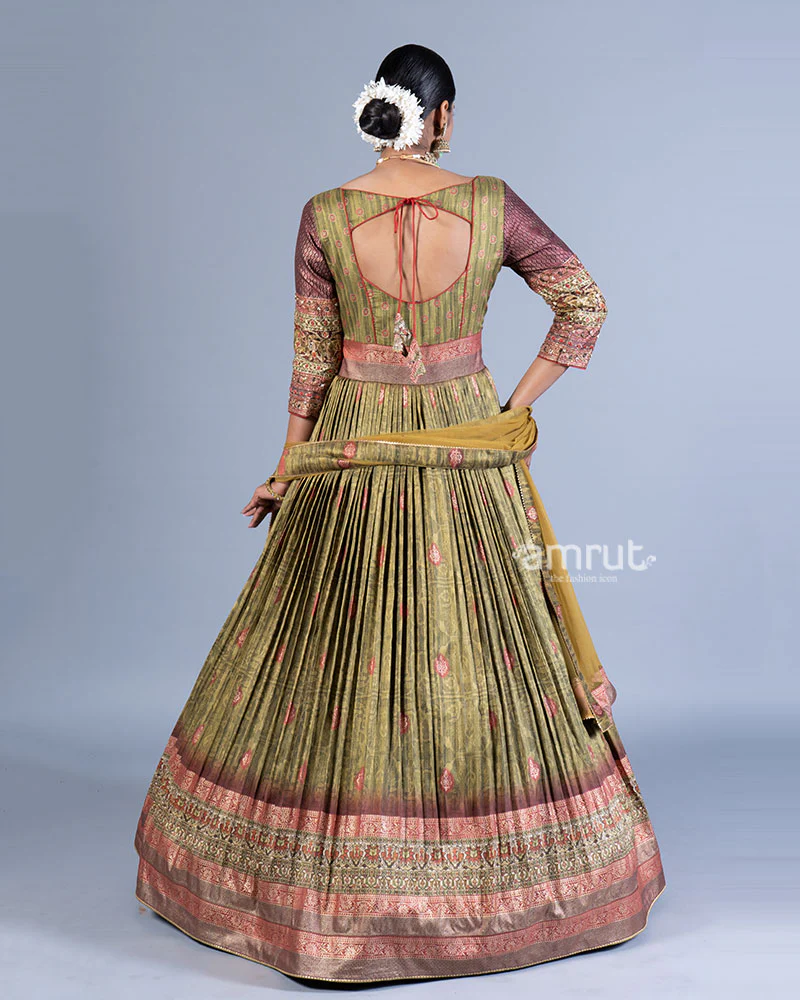 Green Pleated Gown with Embroidered Bodice and Mustard Yellow Dupatta - Image 3