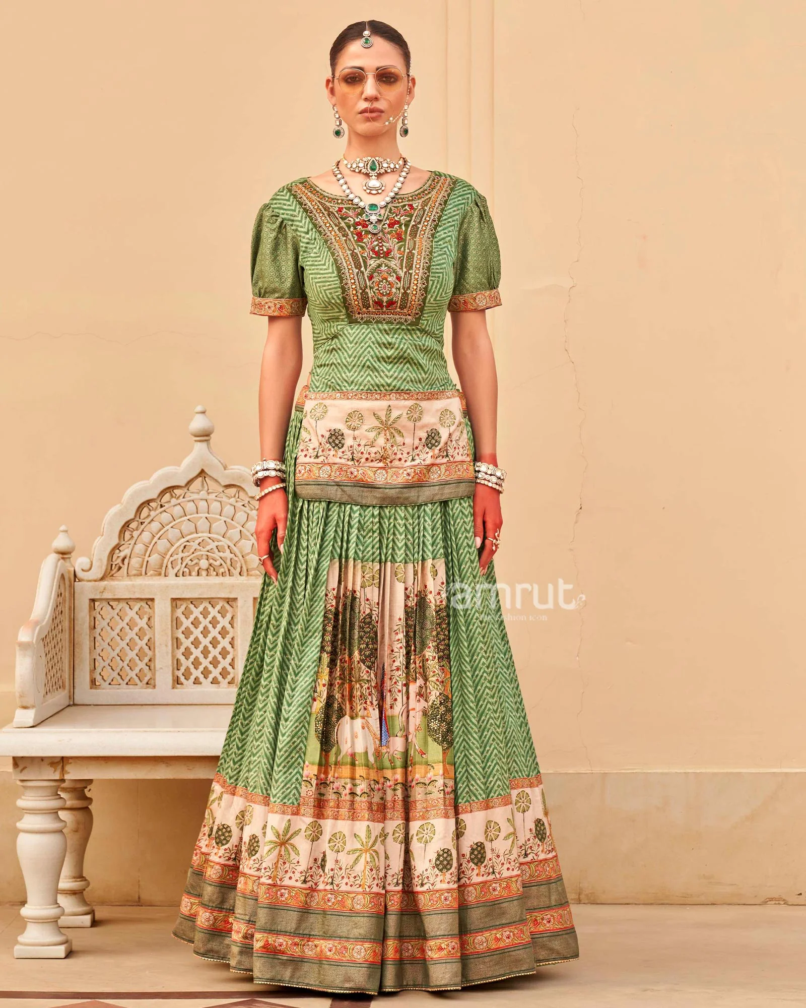 Green Printed Kurta Skirt and Men Indowestern Kurta Set - Image 3