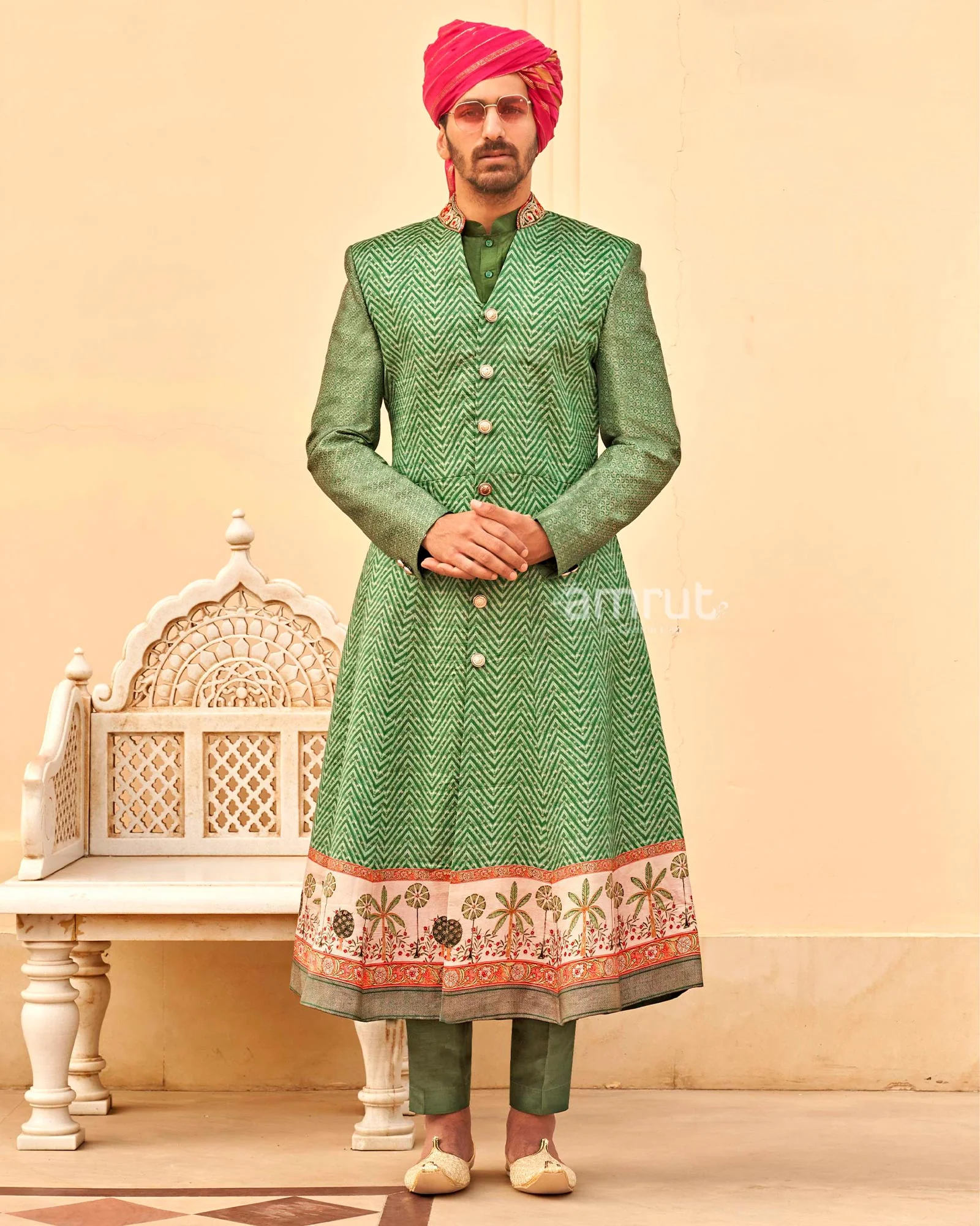 Green Printed Kurta Skirt and Men Indowestern Kurta Set - Image 4