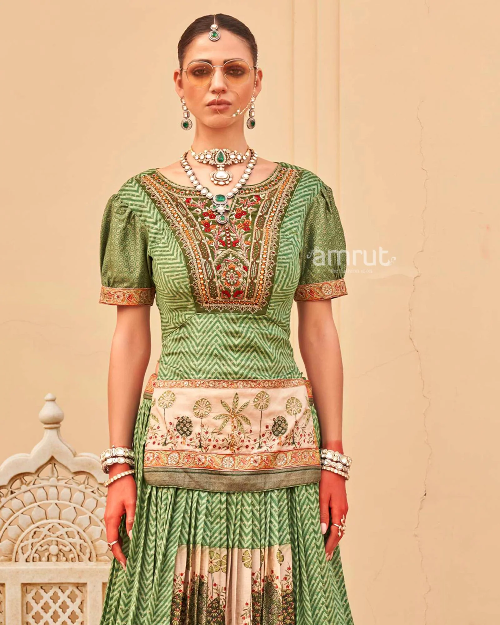Green Printed Kurta Skirt and Men Indowestern Kurta Set - Image 5