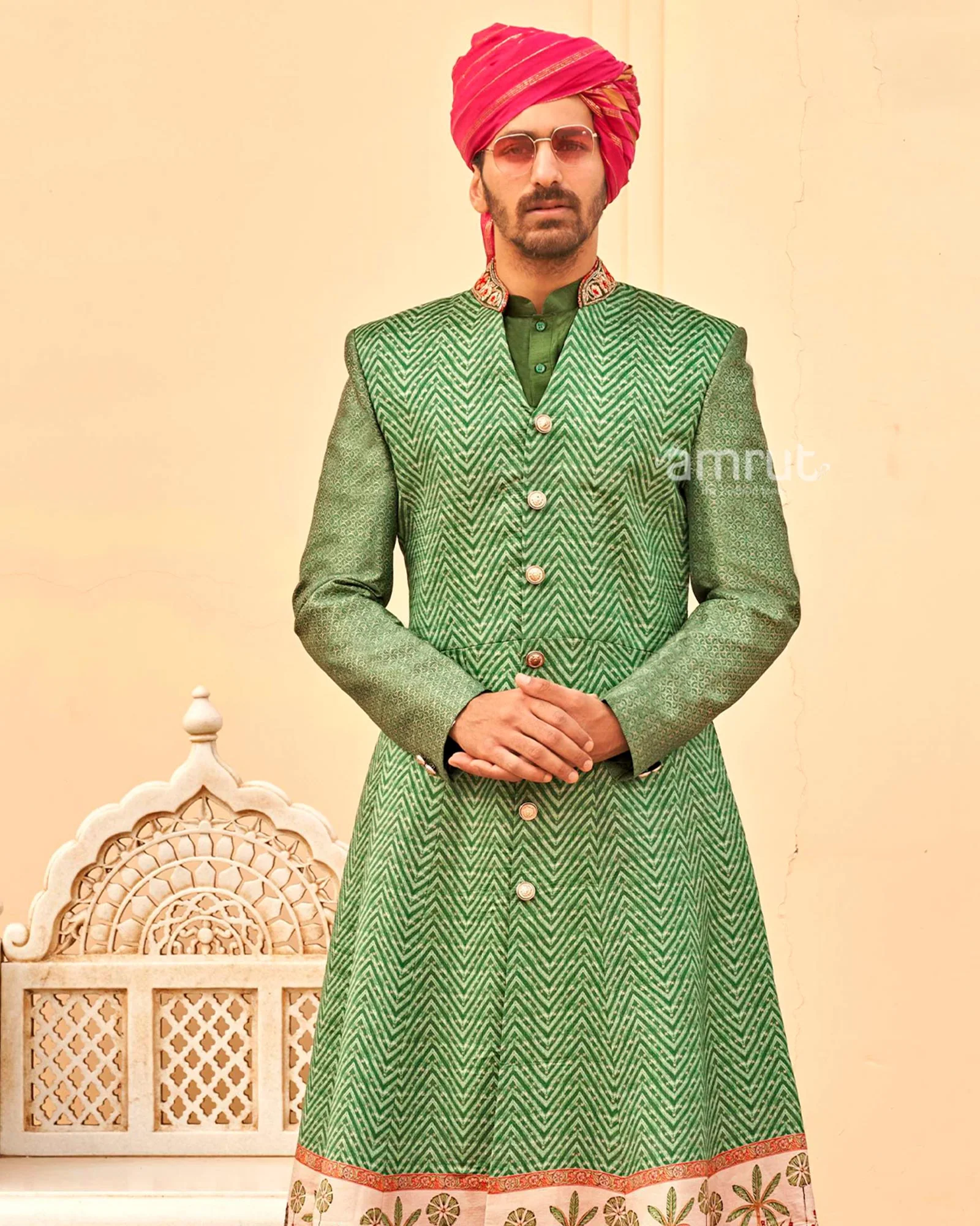 Green Printed Kurta Skirt and Men Indowestern Kurta Set - Image 6