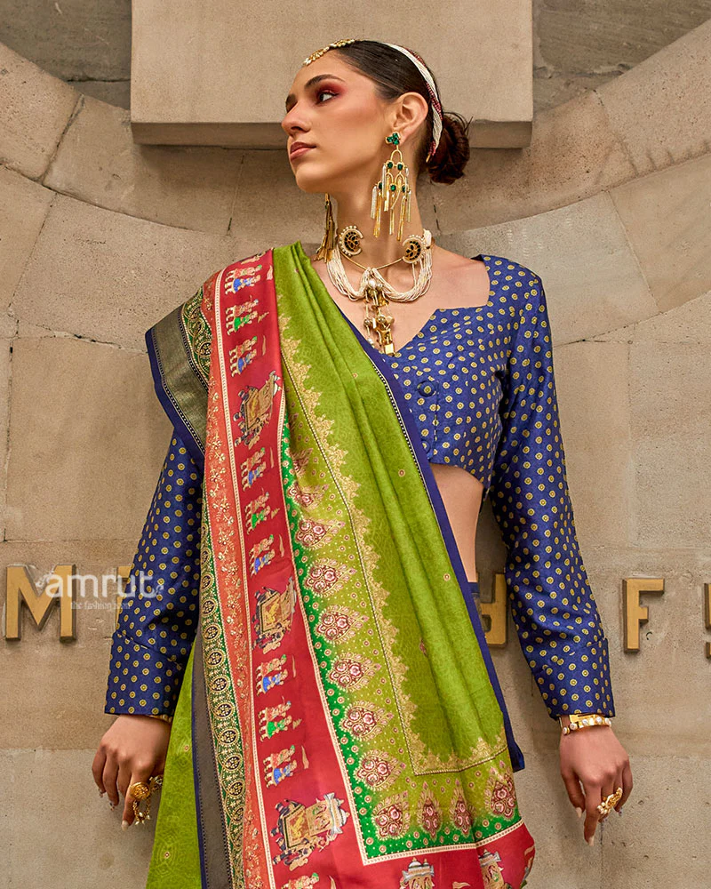 Green Silk Saree with Red Zari Border and Unstitched Blouse - Image 2