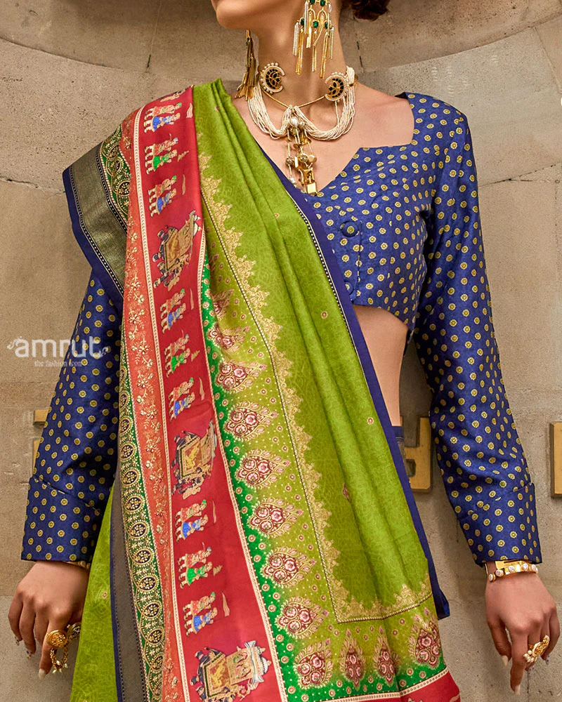 Green Silk Saree with Red Zari Border and Unstitched Blouse - Image 3
