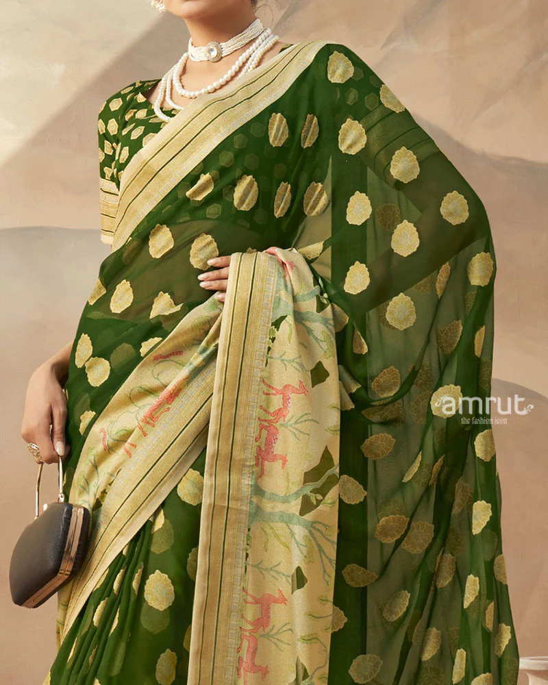 Green with Golden Polka Dots Nature Inspired Print Border Georgette Saree and Unstitched Blouse - Image 3