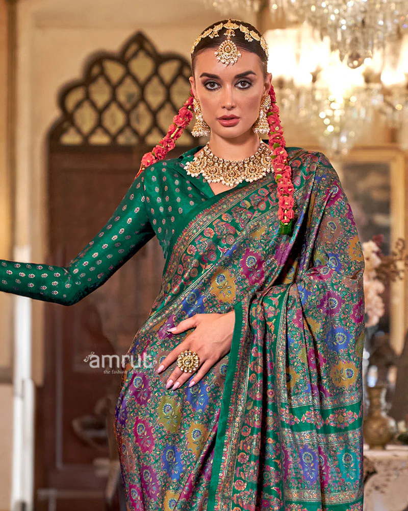 Green with Multicolored Printed Saree and Unstitched Blouse - Image 2