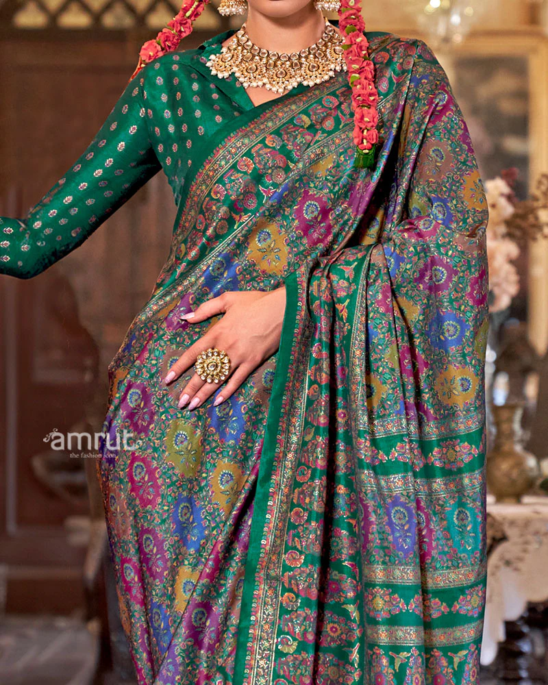 Green with Multicolored Printed Saree and Unstitched Blouse - Image 3