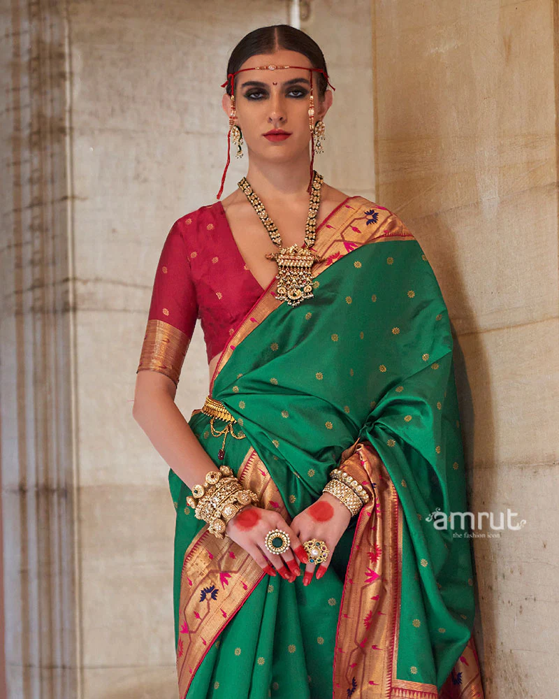 Green with Red Zari Border Paithani Silk Saree and Unstitched Blouse - Image 2