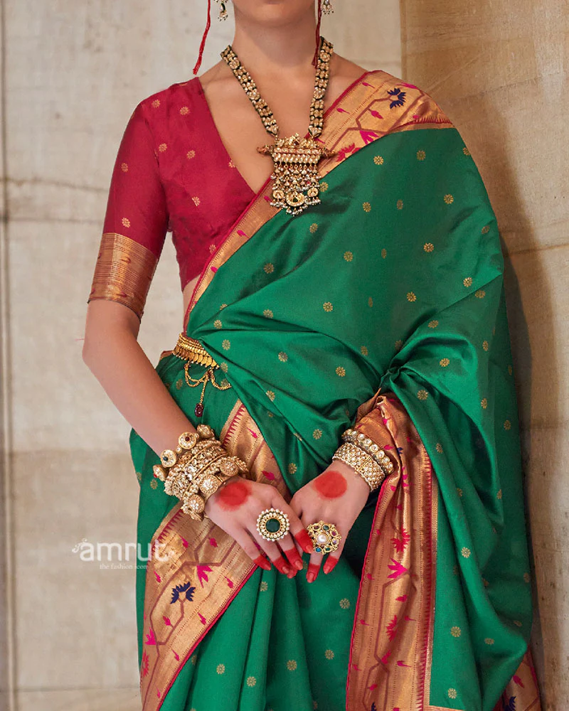 Green with Red Zari Border Paithani Silk Saree and Unstitched Blouse - Image 3