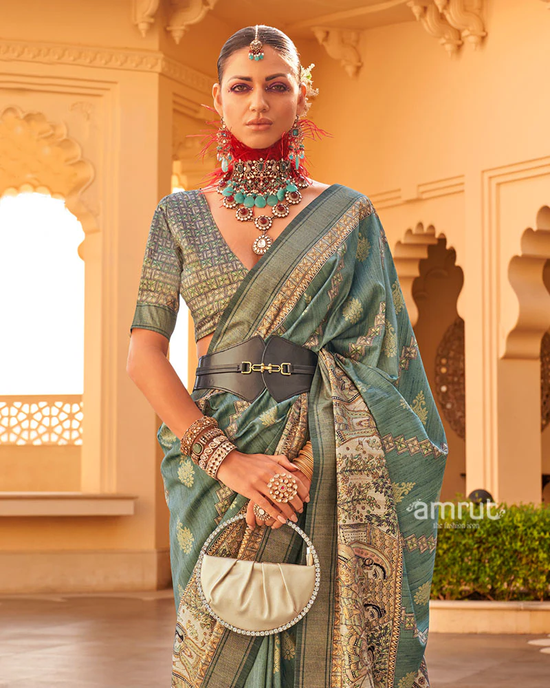 Green Zari Embellished Border Printed Silk Saree with Unstitched Blouse - Image 2
