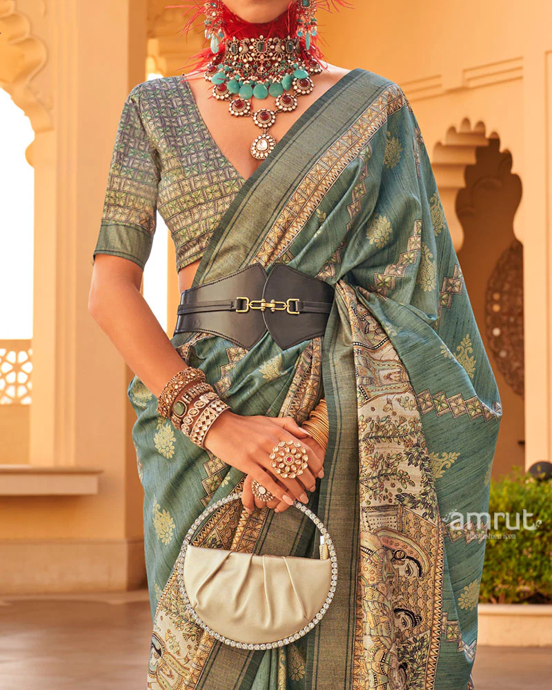 Green Zari Embellished Border Printed Silk Saree with Unstitched Blouse - Image 3