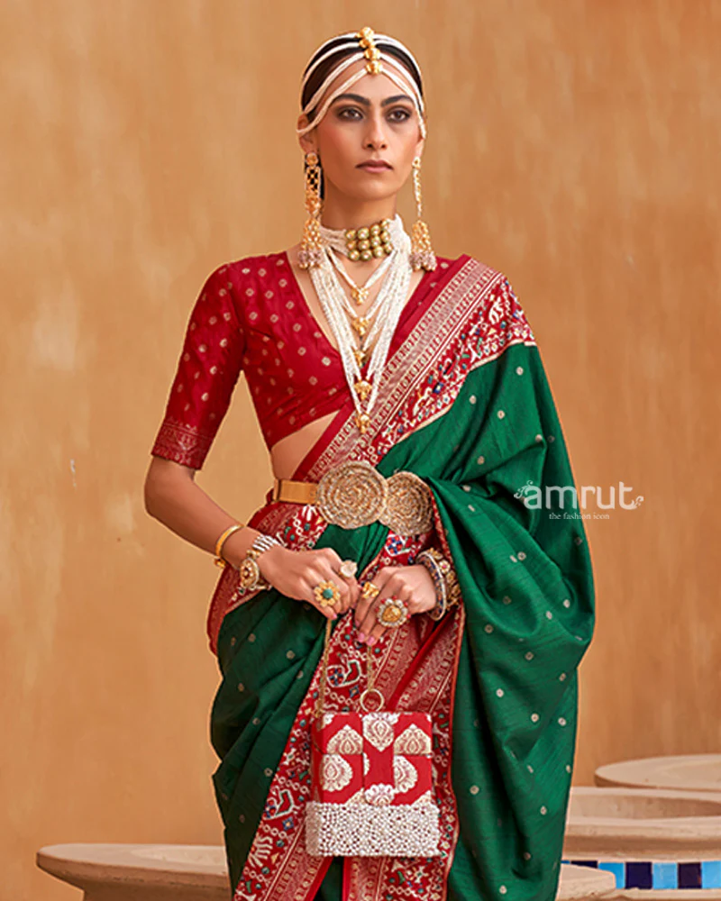 Green Zari Weaving Red Border Saree in Patola Silk with Unstitched Blouse - Image 2