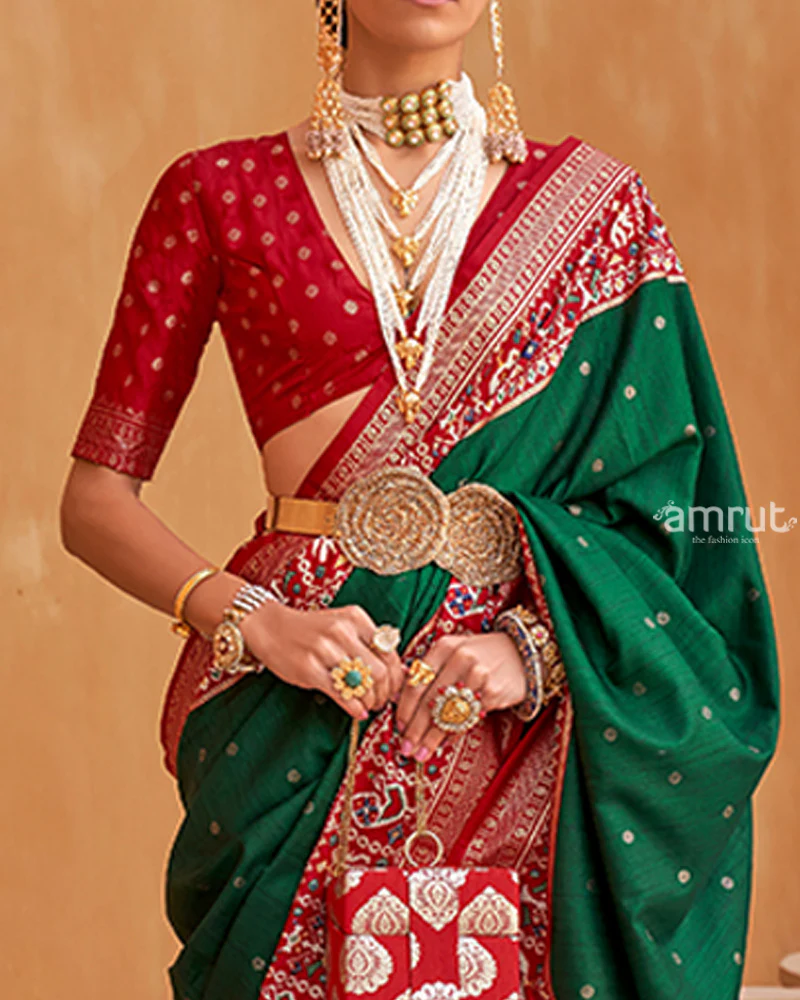Green Zari Weaving Red Border Saree in Patola Silk with Unstitched Blouse - Image 3
