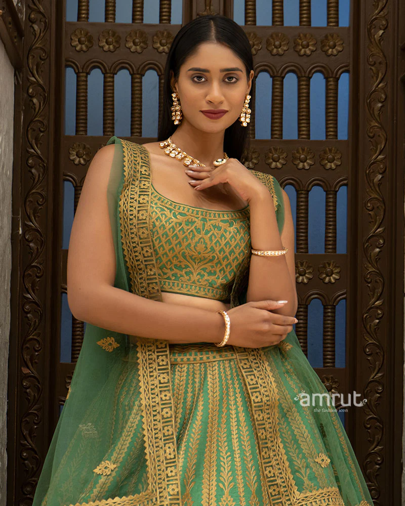Green Zari Woven Lehenga Set With Net  Dupatta - Image 2