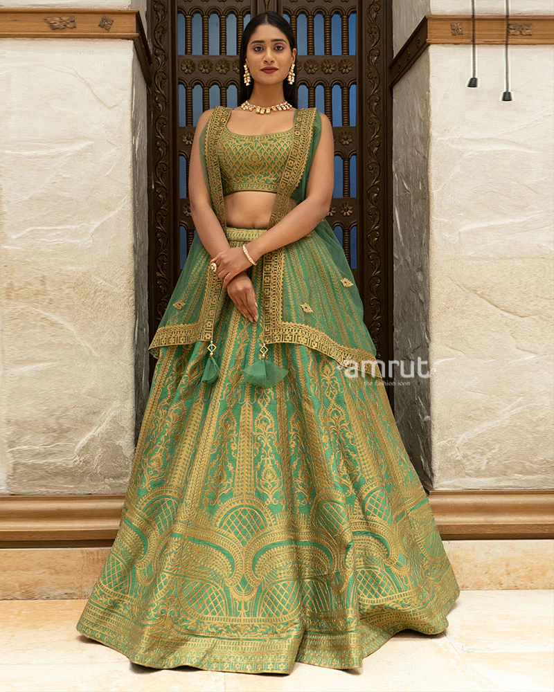 Green Zari Woven Lehenga Set With Net  Dupatta - Image 4