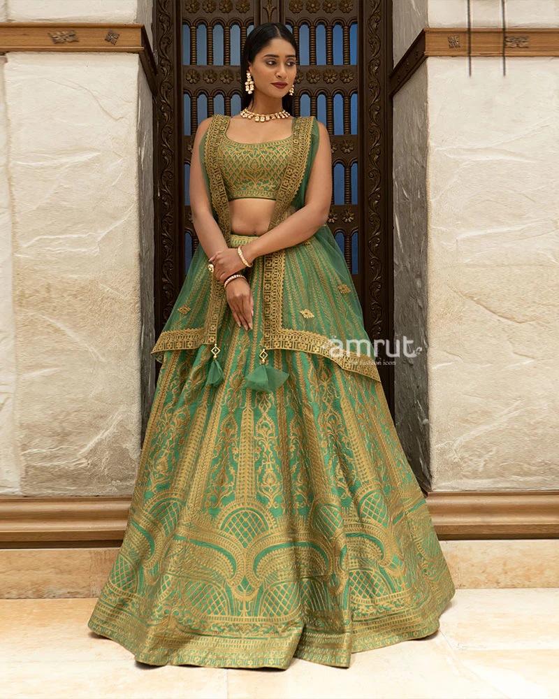 Green Zari Woven Lehenga Set With Net  Dupatta - Image 5