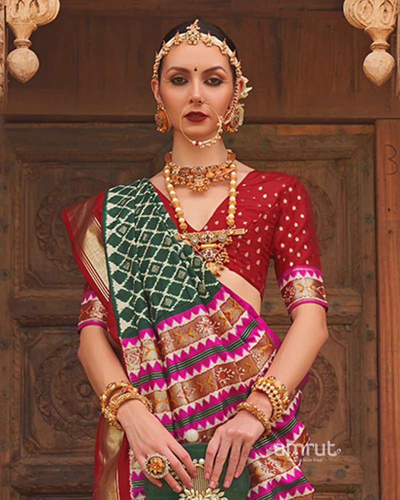 Green Zari Woven Patola Silk Saree with Unstitched Blouse - Image 2