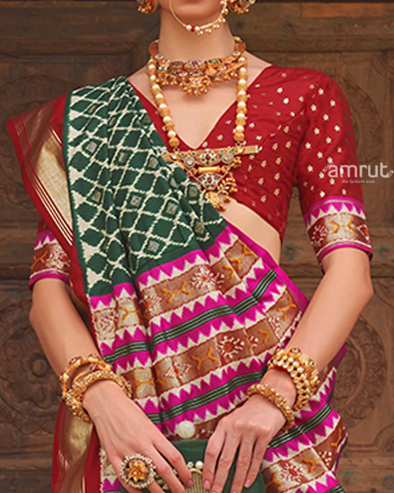 Green Zari Woven Patola Silk Saree with Unstitched Blouse - Image 3