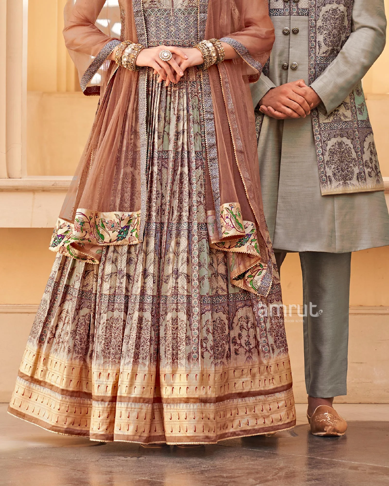 Grey Anarkali Dress and Men Blue Kurta Set with Printed Coat - Image 3